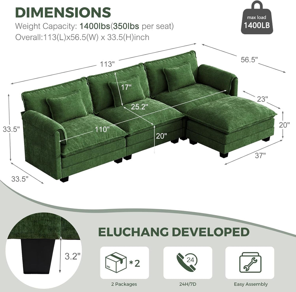 ELUCHANG 113" Oversized Modular Sectional Sofa, Comfy Chenille Cloud Cou...