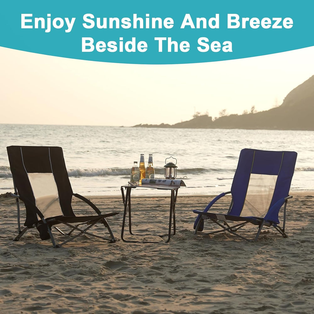 Romswi 2 Pack Lightweight Low Beach Chairs with Breathable Mesh Back,6LBS Fol...
