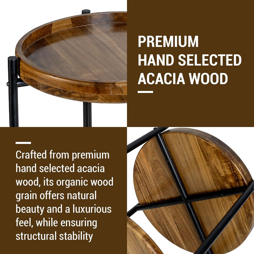 MyGift 2 Tier Round End Table with Premium Acacia Solid Wood Shelf and Black ...