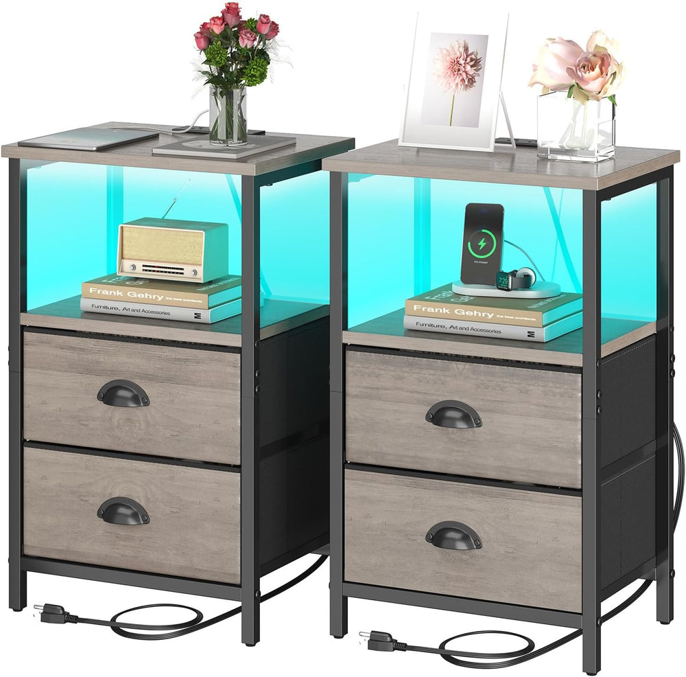 sthmec Nightstand with Charging Station, LED Night Stand Set of 2, Bedside Ta...