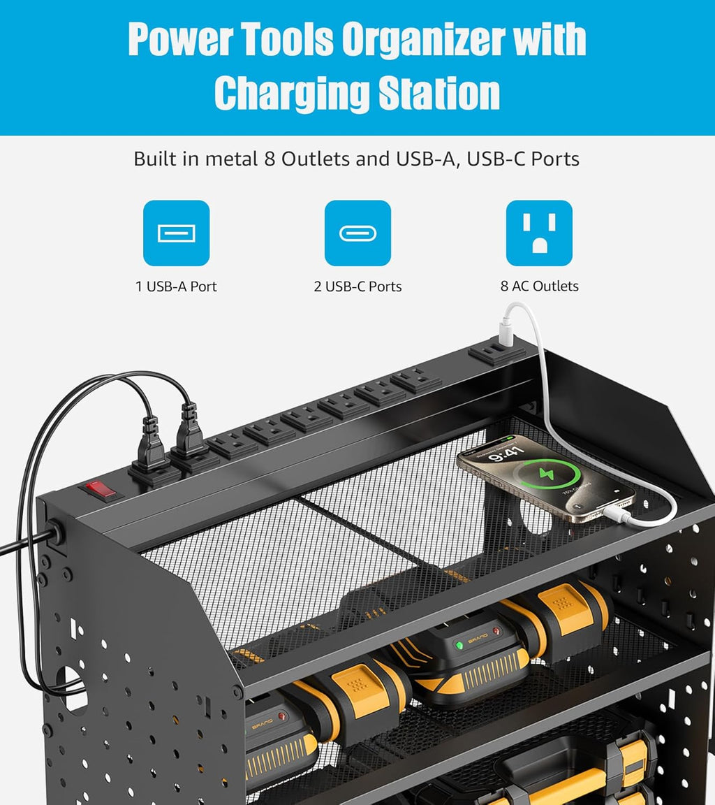 CCCEI Modular Power Tools Organizer with USB Charging Station, 4 Layer Drills and Battery Storage Wall Mount, Garage Shop Organization, Anniversary, Birthday, Gifts for Men, Father, 6FT Cord, Black.