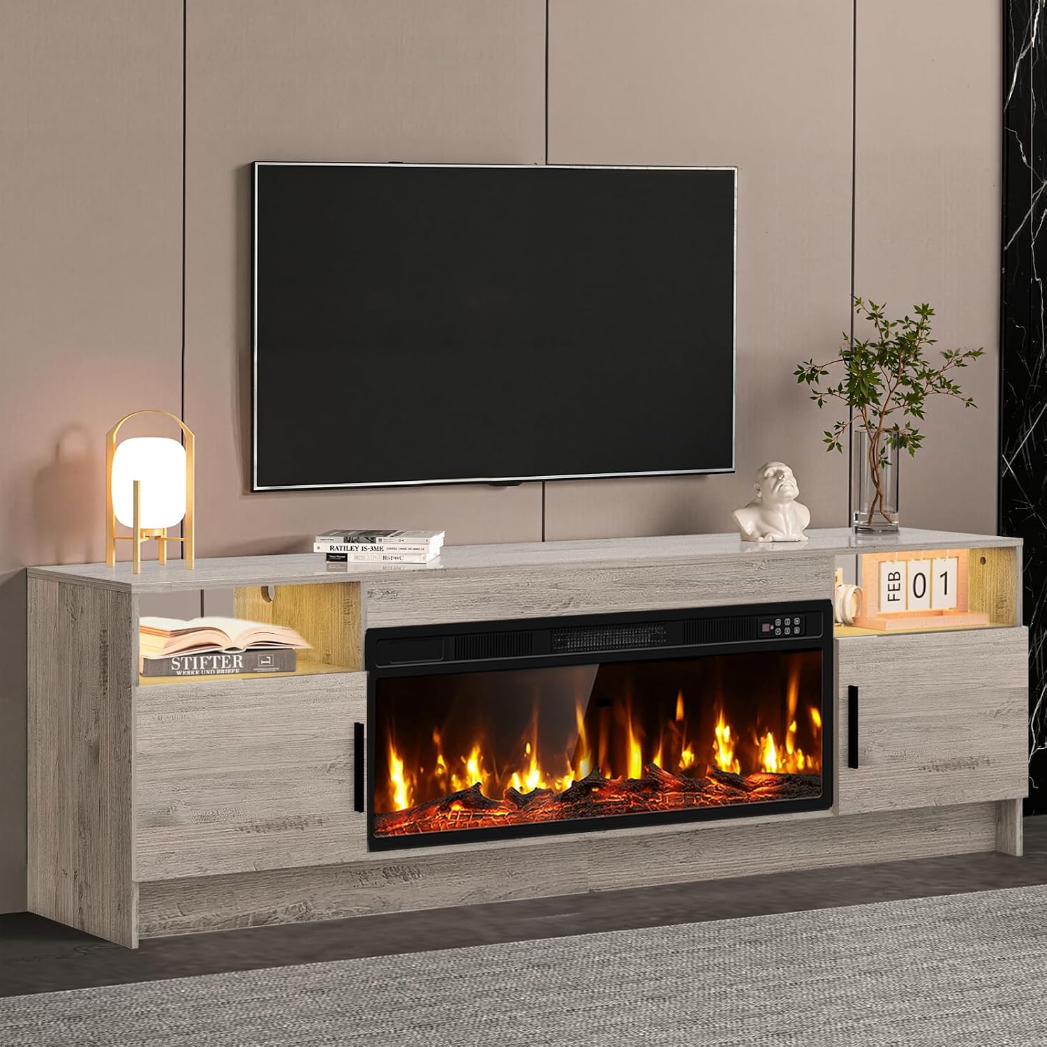 Kucreiheat TV Stand with Fireplace, Led Lights-Entertainment Center for Up to 80 inch TV-Modern TV Console for Living Room with Storage Cabinet, Faux Log Fireplace TV Stand, Oak Grey