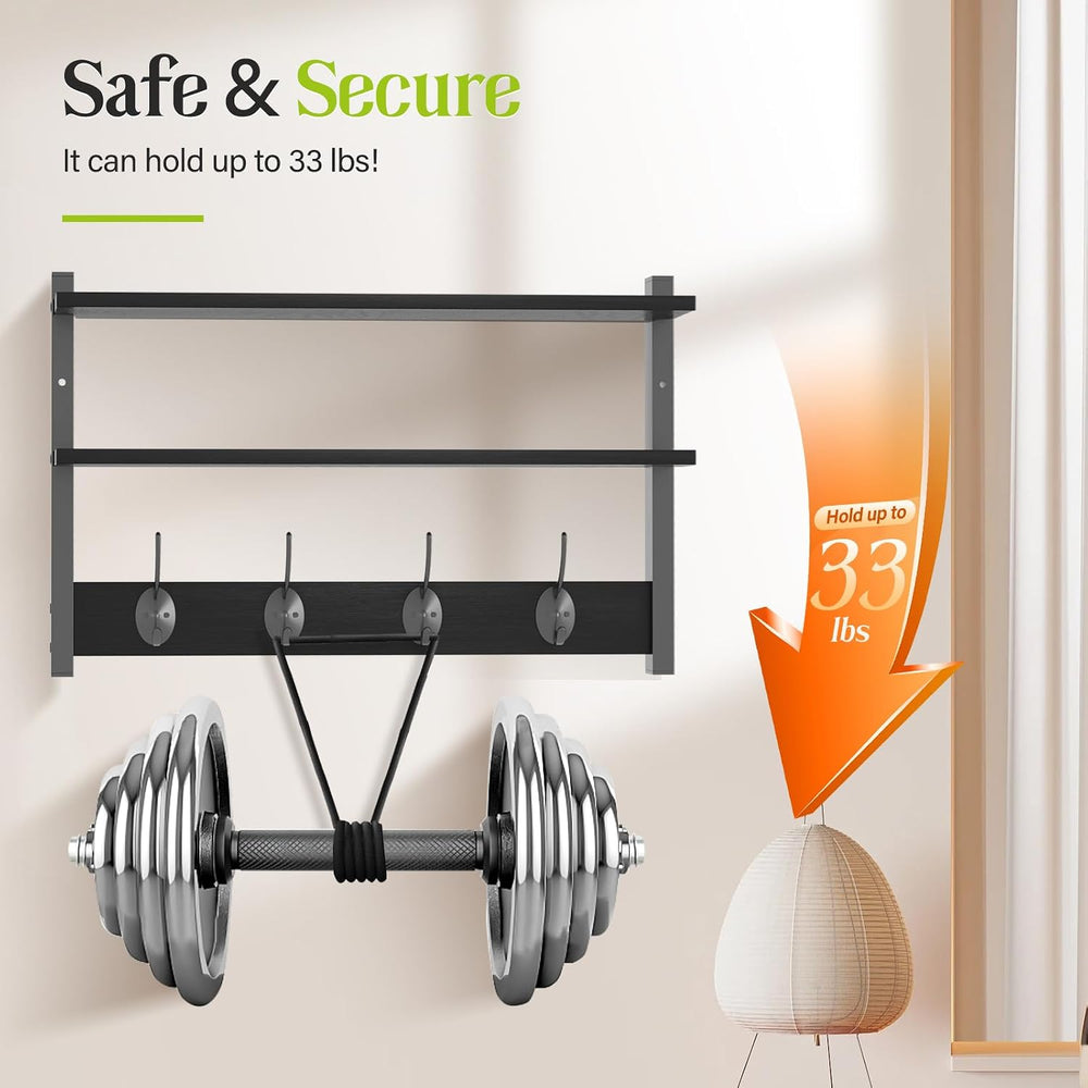 2 Tier Coat Rack Wall Mount with Shelf, 33" Wall Shelf with Hooks, Entry...