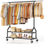 EAGMAK Heavy Duty Clothes Rack Load 556 LBS, Rolling Clothing Rack With Shelves, Height Adjustable Metal Clothes Hanger with Wheels Portable Wardrobe Organizer Garment Rod for Hanging Clothes (Black)