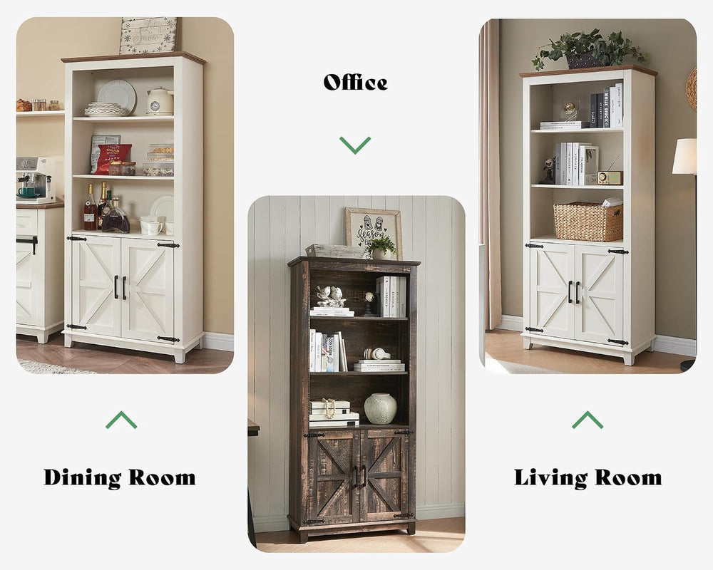AMERLIFE 2-Piece 5-Tier Farmhouse Bookcase with Barn Doors, Rustic White