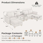 SITJOY 132" Faux Leather Modular Sectional Sofa with Storage, Mid Century Modern Sectional Couches for Living Room, 6 Seat U Shaped Couch with Ottoman and Console Table, Hidden Cupholders, Greige