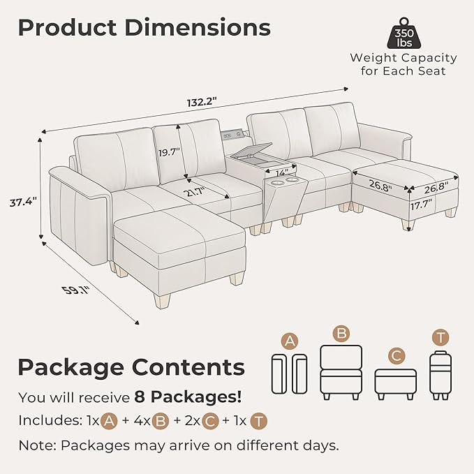 SITJOY 132" Faux Leather Modular Sectional Sofa with Storage, Mid Century Modern Sectional Couches for Living Room, 6 Seat U Shaped Couch with Chaise and Console Table, Hidden Cupholders, Greige