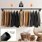 Industrial Pipe Clothing Rack, 66.1" Wall Mounted Clothes Rack Set of 2, Heavy Duty Closet Rod for Hanging Clothes, Space-Saving Detachable Iron Wall Garment Bar 3 Base