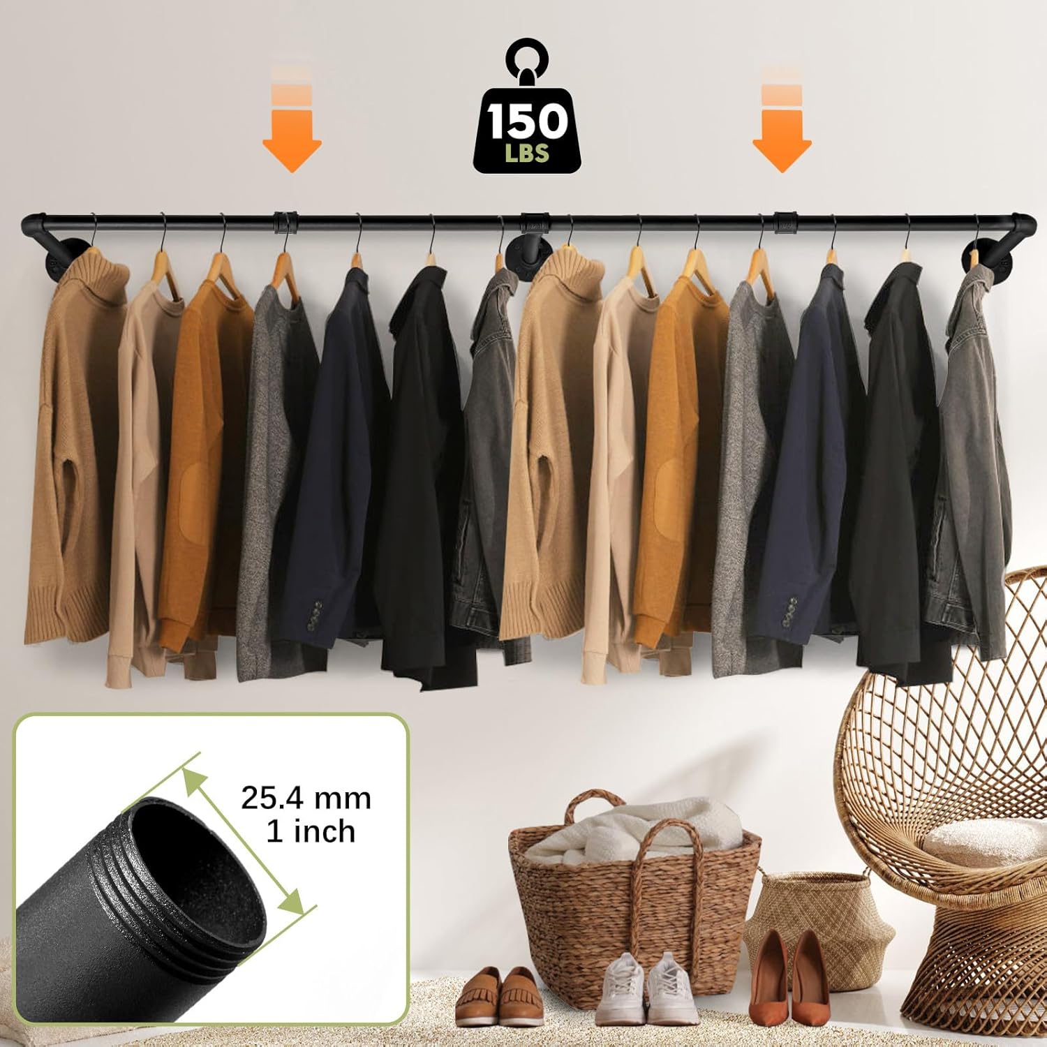 Industrial Pipe Clothing Rack, 66.1" Wall Mounted Clothes Rack Set of 2, Heavy Duty Closet Rod for Hanging Clothes, Space-Saving Detachable Iron Wall Garment Bar 3 Base