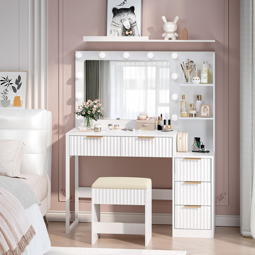VINGLI Fluted Makeup Vanity Desk with Mirror & Lights & Power Outlet,...
