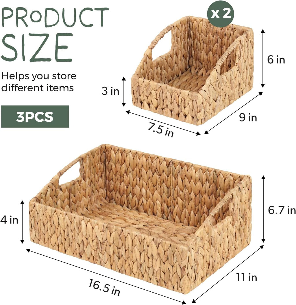 Set of 3 Handwoven Storage Baskets – Decorative Natural Wicker Organizer Bins with Built-in Handles for Bathroom, Kitchen, Pantry, Nursery, Closet, Laundry, Living Room, and Home Use