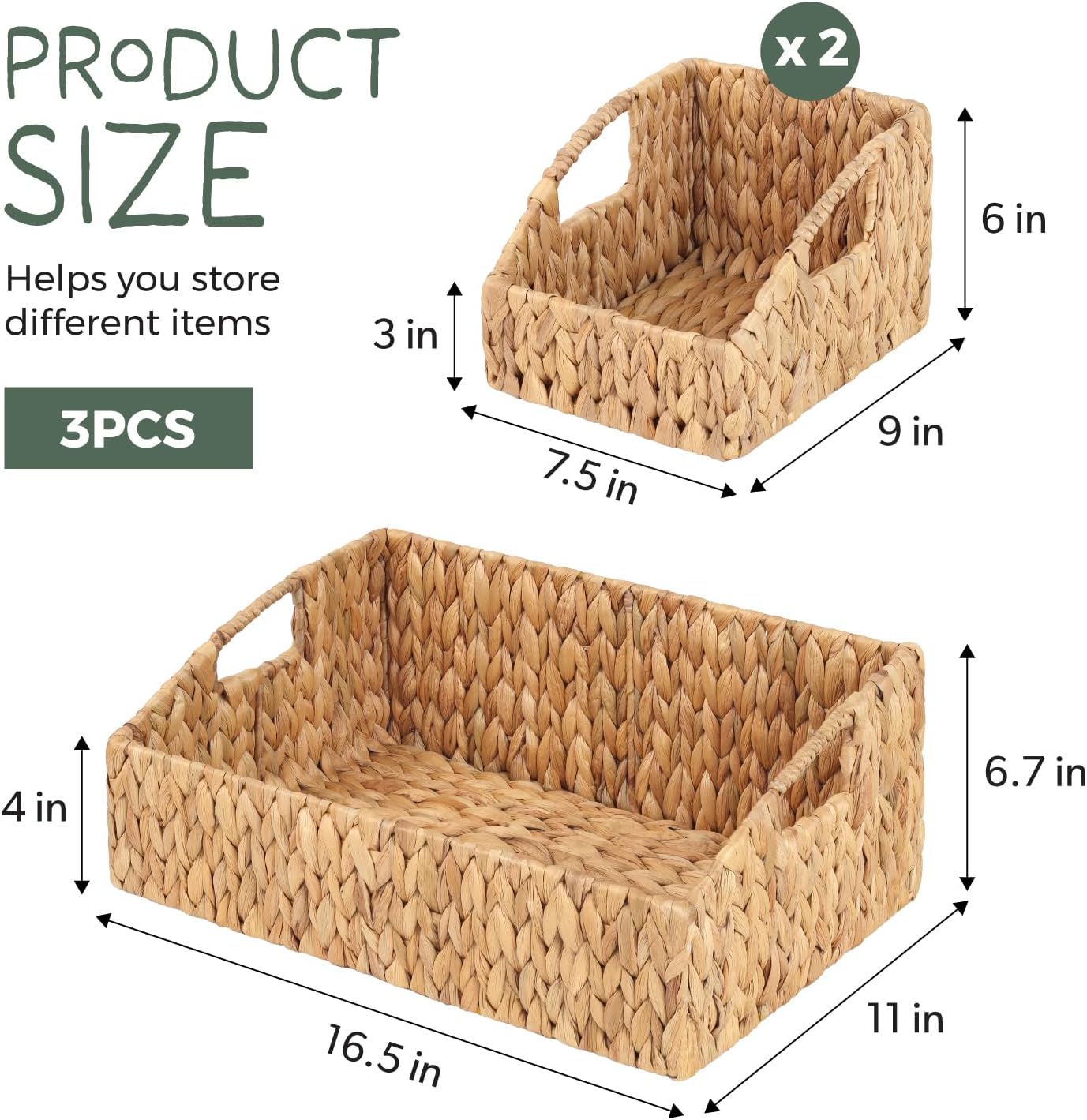 Set of 3 Handwoven Storage Baskets – Decorative Natural Wicker Organizer Bins with Built-in Handles for Bathroom, Kitchen, Pantry, Nursery, Closet, Laundry, Living Room, and Home Use