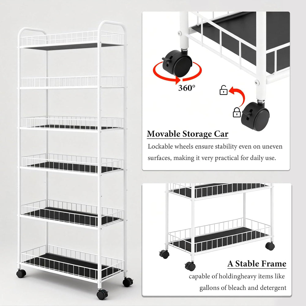 10in Slim Storage Cart, Metal 6-Tier Narrow Rolling Shelf, Sturdy Slim Storag...