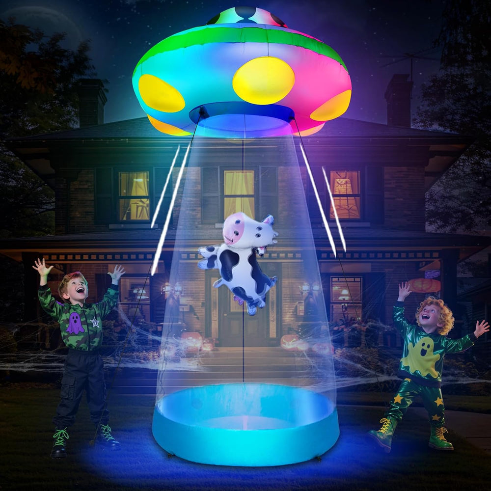 10 Ft Tall Halloween Inflatable UFO with Floating Cow Decorations Outdoor