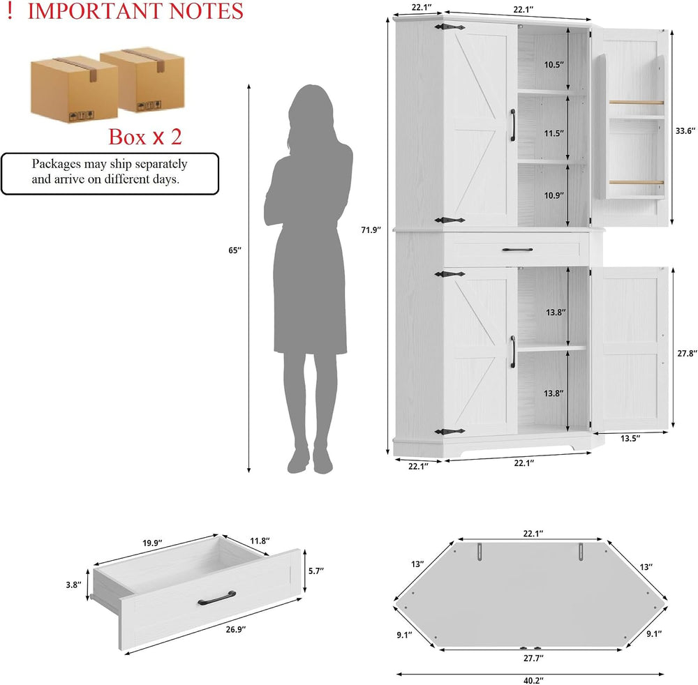 IRONCK 72" Corner Pantry Cabinet with Drawer and 4 Doors, White | Kitche...