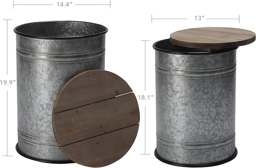 RUSTOWN Farmhouse Accent Side Table, Set of 2 Galvanized Storage Ottoman