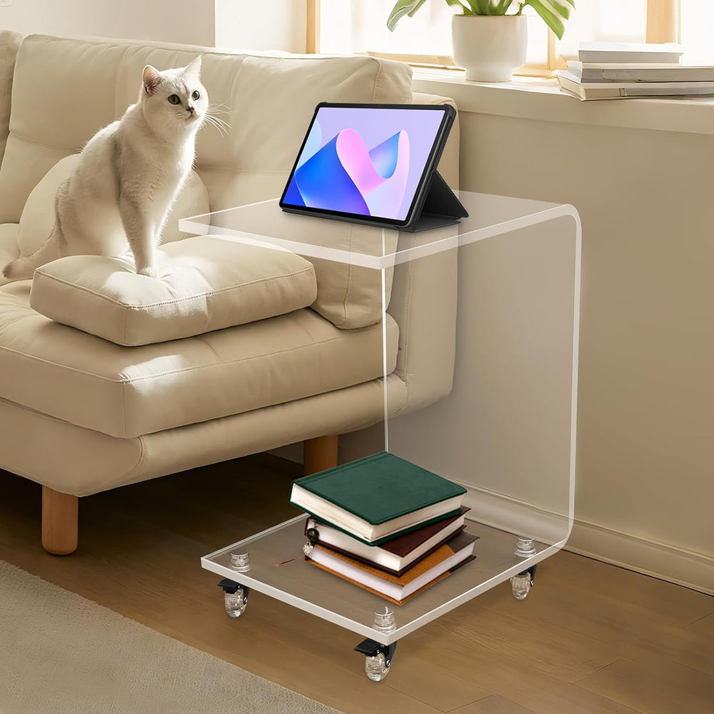 Modern Acrylic Side Table, C-Shaped Sofa Table Nightstand with Storage and Lo...