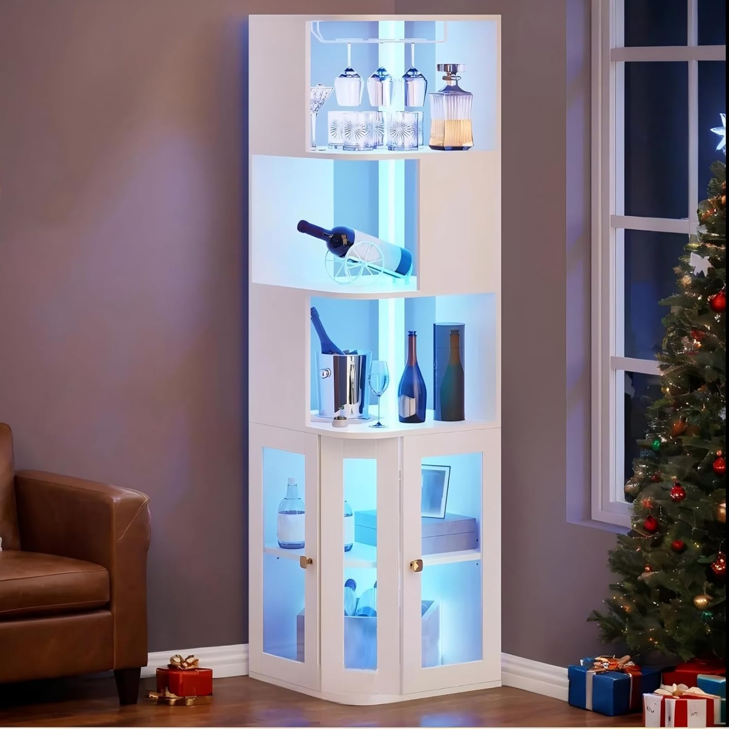 YITAHOME Corner Wine Cabinet with LED Lights & Glass Holder | LED Lights & Glass Holder, Tempered Glass Door & Adjustable Shelves, Liquor Bar Rack, For Living Room, Dining Room, Kitchen