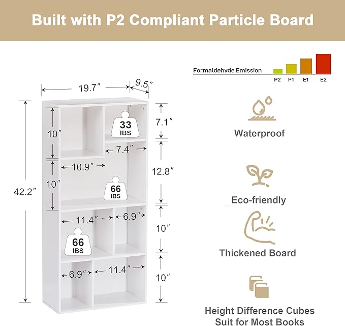 VECELO 42" Modern White Bookshelf, 7 Cube Organizer Bookcase,Fits Talles...