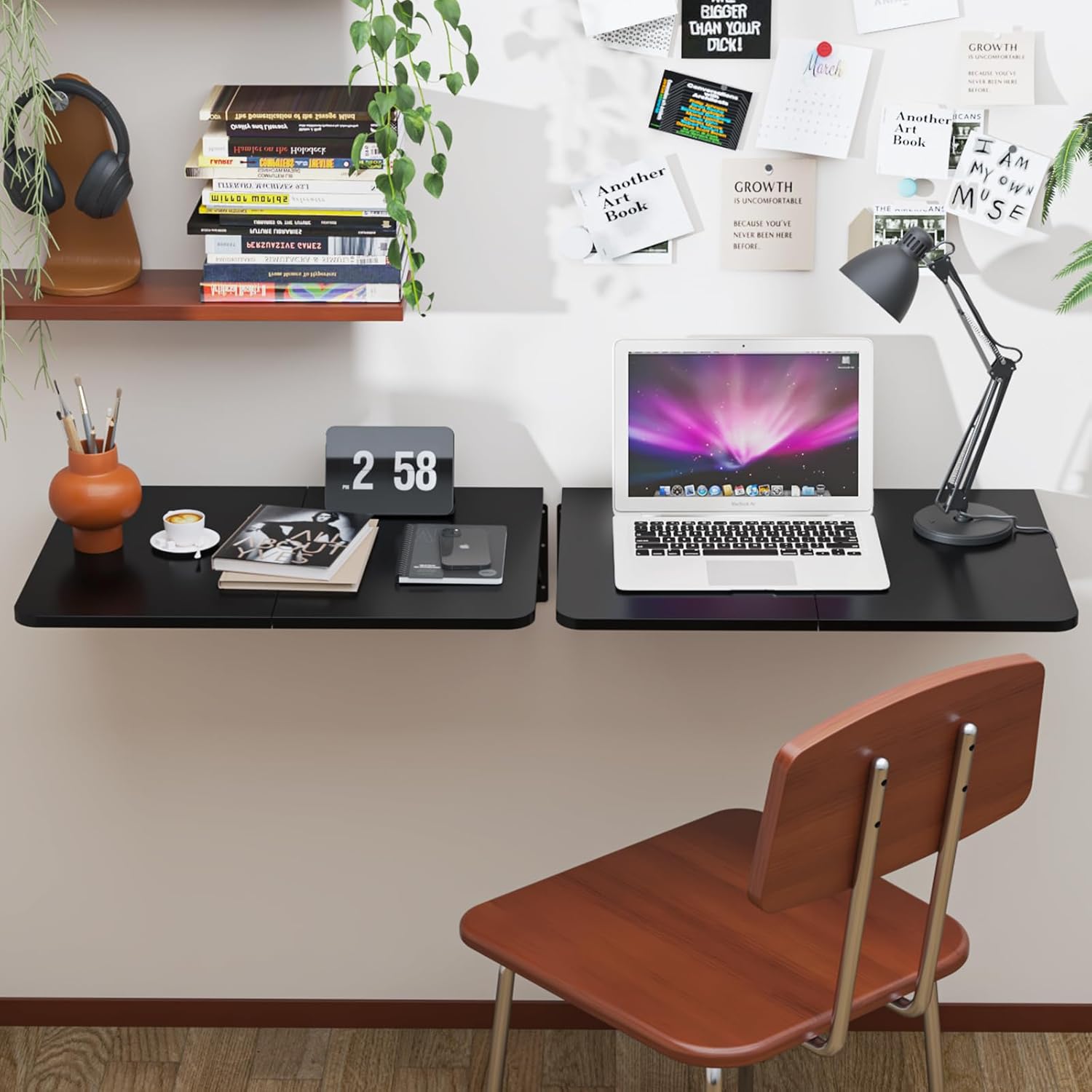 TEAMIX Wall Mounted Folding Table, Black Floating Desk for Small Spaces Laundry Shelf with Heavy Duty Brackets Floating Desk for Garage, Utility Room, Kitchen, Laundry Room