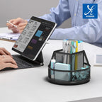 YINGHUA Metal Mesh Desk Organizer with 5 Compartments and Rotating Pencil Holder Pen and Stationery Organizer for Office Home School Anti Slip Base Black