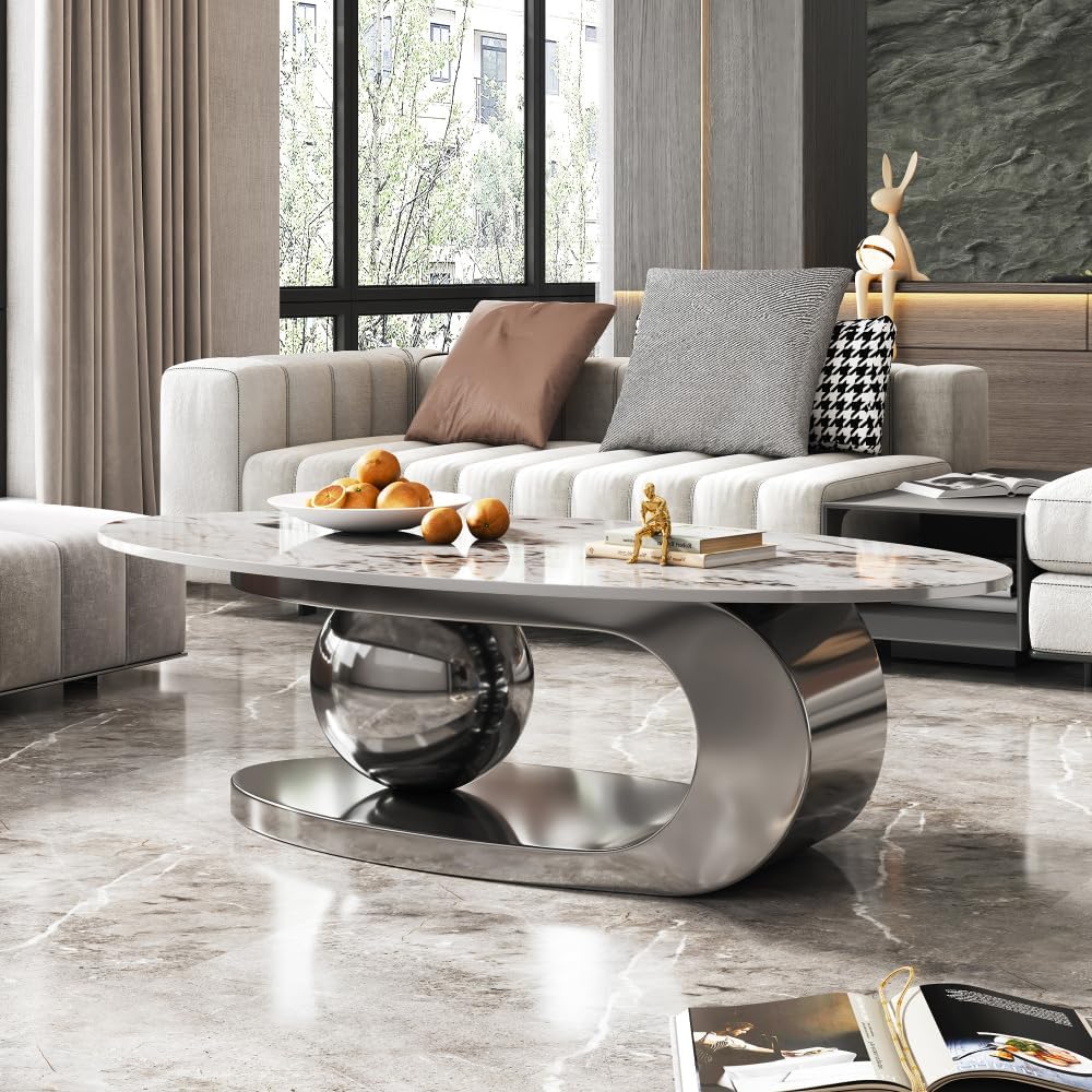ZOEDO 49.2 Inches Oval Faux Marble Coffee Table for Living Room with Stainles...