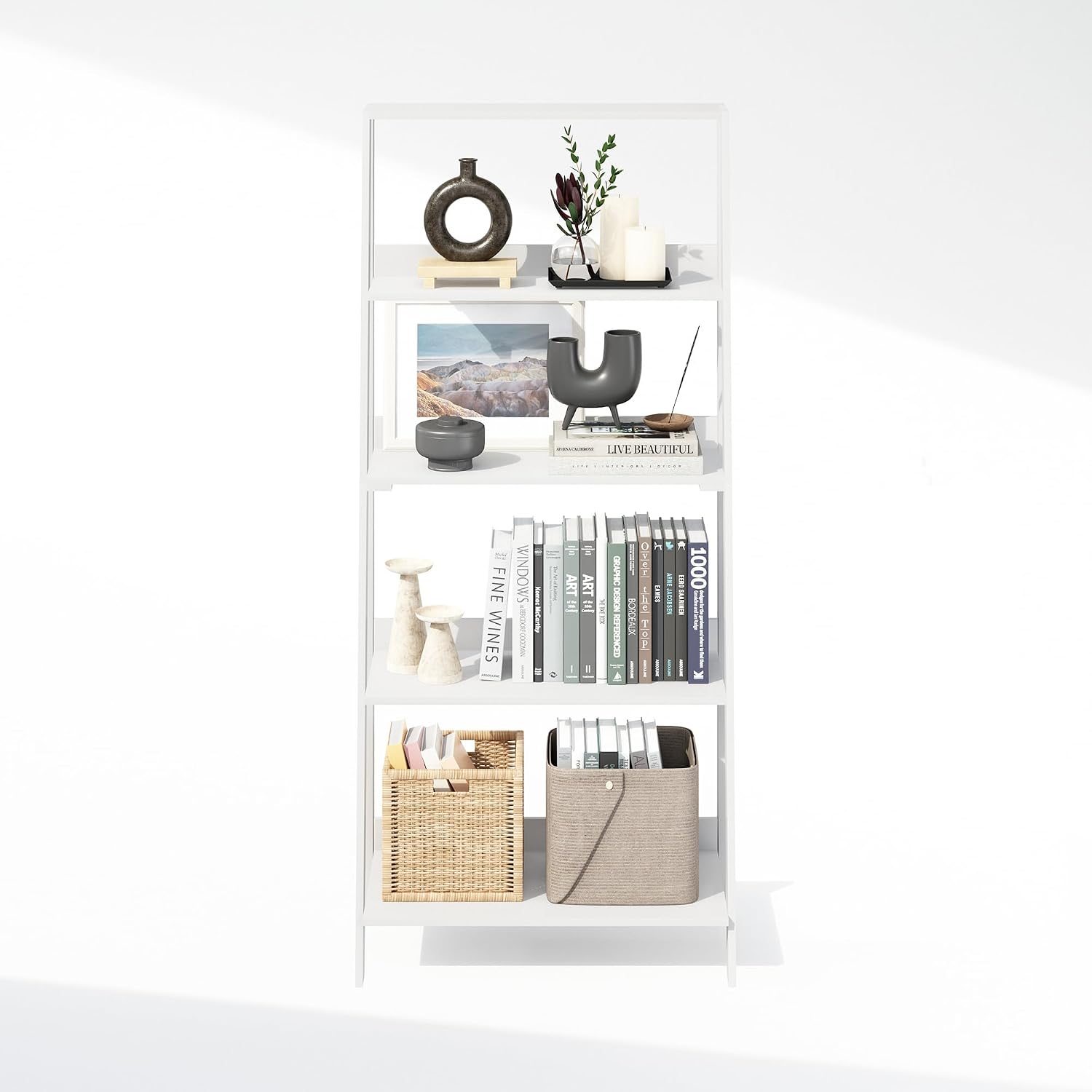 Furinno Ladder Display Shelf, 5-Tier Ladder Shelf, Standing Bookshelf, Display Storage Shelves, 13 x 23.6 x 53.5, for Living Room, Home Office, White