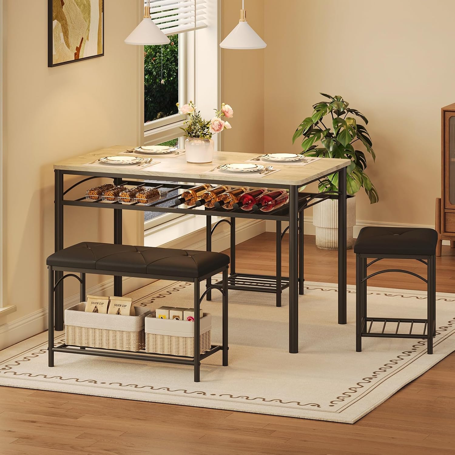 IDEALHOUSE Dining Table Set for 4 with Upholstered Benches and 2 Stools, Small Kitchen Table Chairs Set of 4 for Apartment, Studio, Home and Small Space