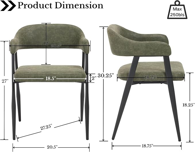 HNY Modern Dining Room Arm Chairs Set of 6, Green Retro Faux Leather Upholstered Barrel Dining Chairs with Arms Mid-Century Accent Chair with Metal Legs, Open-Back Kitchen Side Chairs for Living Room