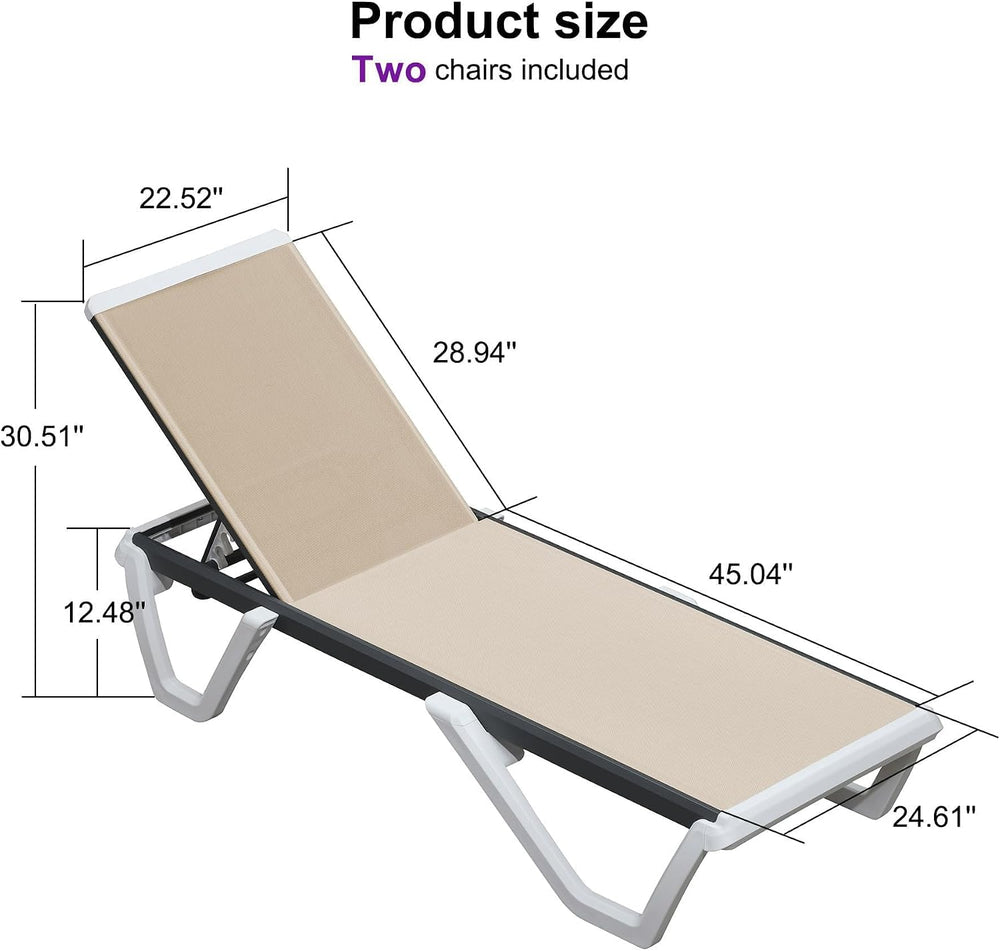 PURPLE LEAF Lounge Chair Outdoor Set of 2 Chaise Lounge w/Wheels, Khaki | Qui...