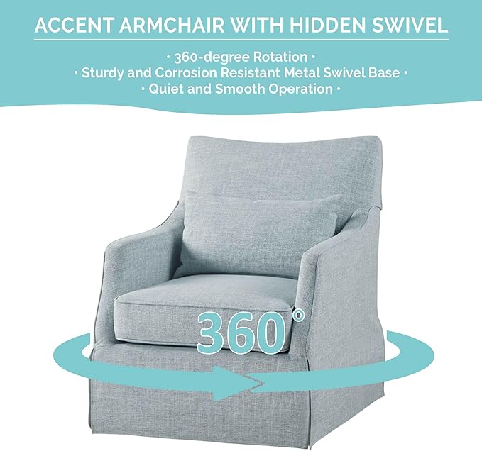 Martha Stewart London Swivel Chair - Solid Wood & Plywood, Skirted Metal Base Accent Armchair, Lumbar Pillow -Modern Classic Family Room Sofa Furniture Bedroom Lounge, 28"X31.5"X35.25", Light Blue