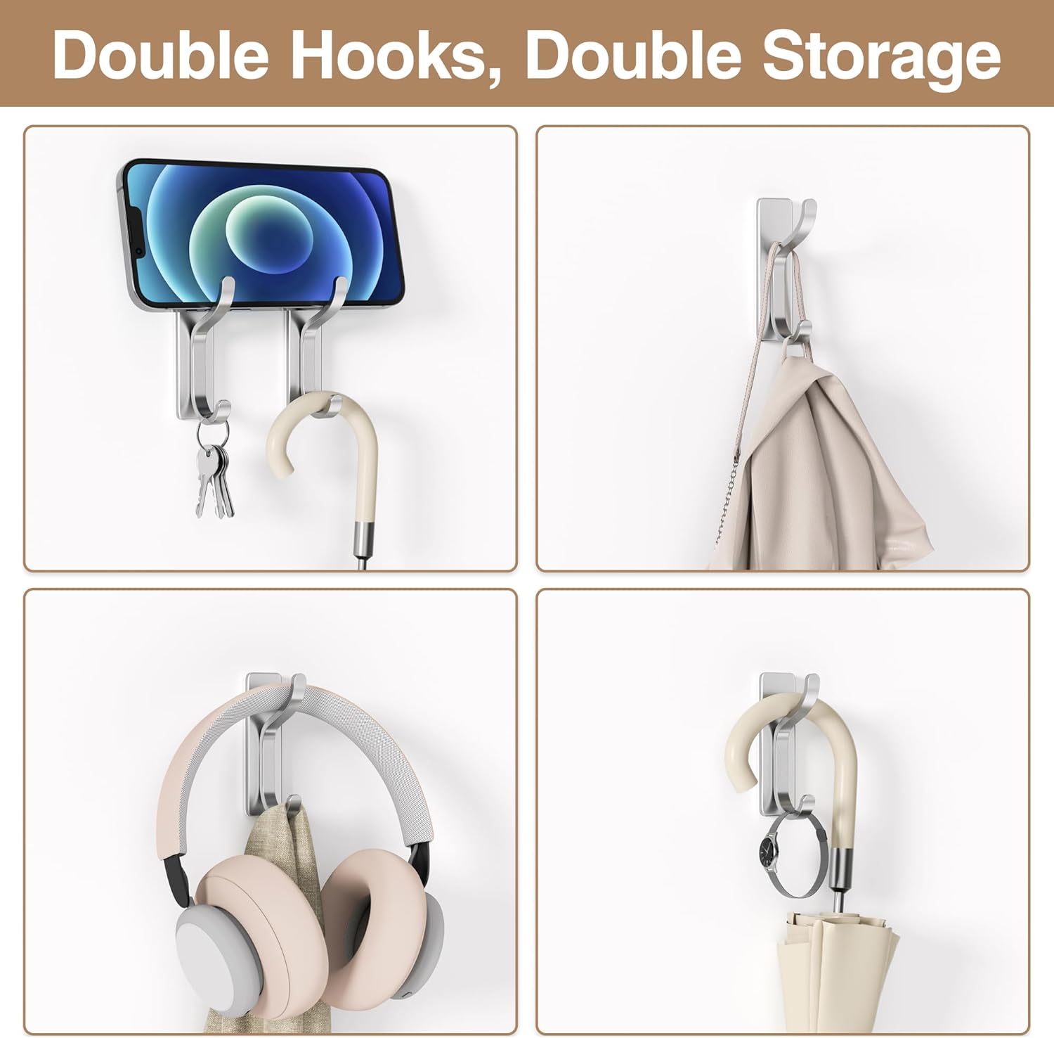 pickpiff 10-Pack Adhesive Wall Hooks for Towel: Modern Silver Hooks Hold 13 LB, Sticky Door Hanger Hanging Coats, Bags, Backpack, Purses - Bathroom,Kitchen, Dorm, RV, Shower - Stainless, Metal