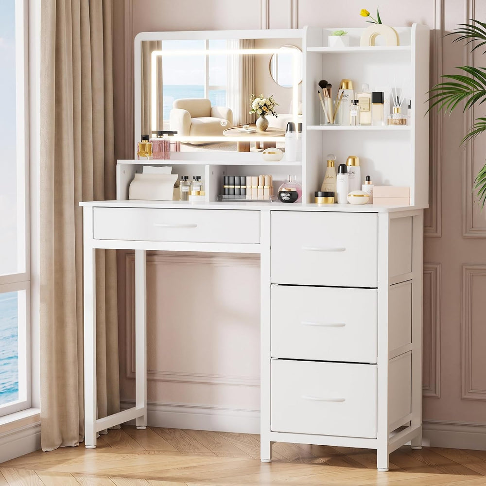 Kitsure Vanity Desk with Mirror and Lights, Large Capacity, Fabric Drawers | ...