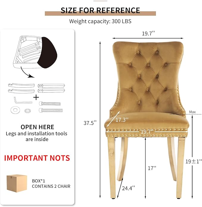 Mid Century Modern Dining Chairs Set of 2, Yellow Velvet Upholstered Tufted Back, Kitchen & Dining Room Chairs, Gold Metal Legs, Nailhead Trim, Sillas para Comedor (Yellow, 2 Pcs)