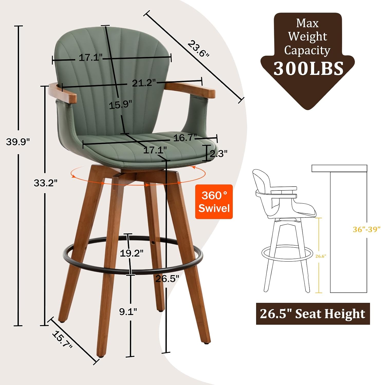 LUNLING 26” Counter Height Stools Set of 2,Mid Century Modern Bar Stools,Green PU Leather Kitchen Island Stool,Wood High Barstools Swivel with Back and Arms for Home Bar Furniture