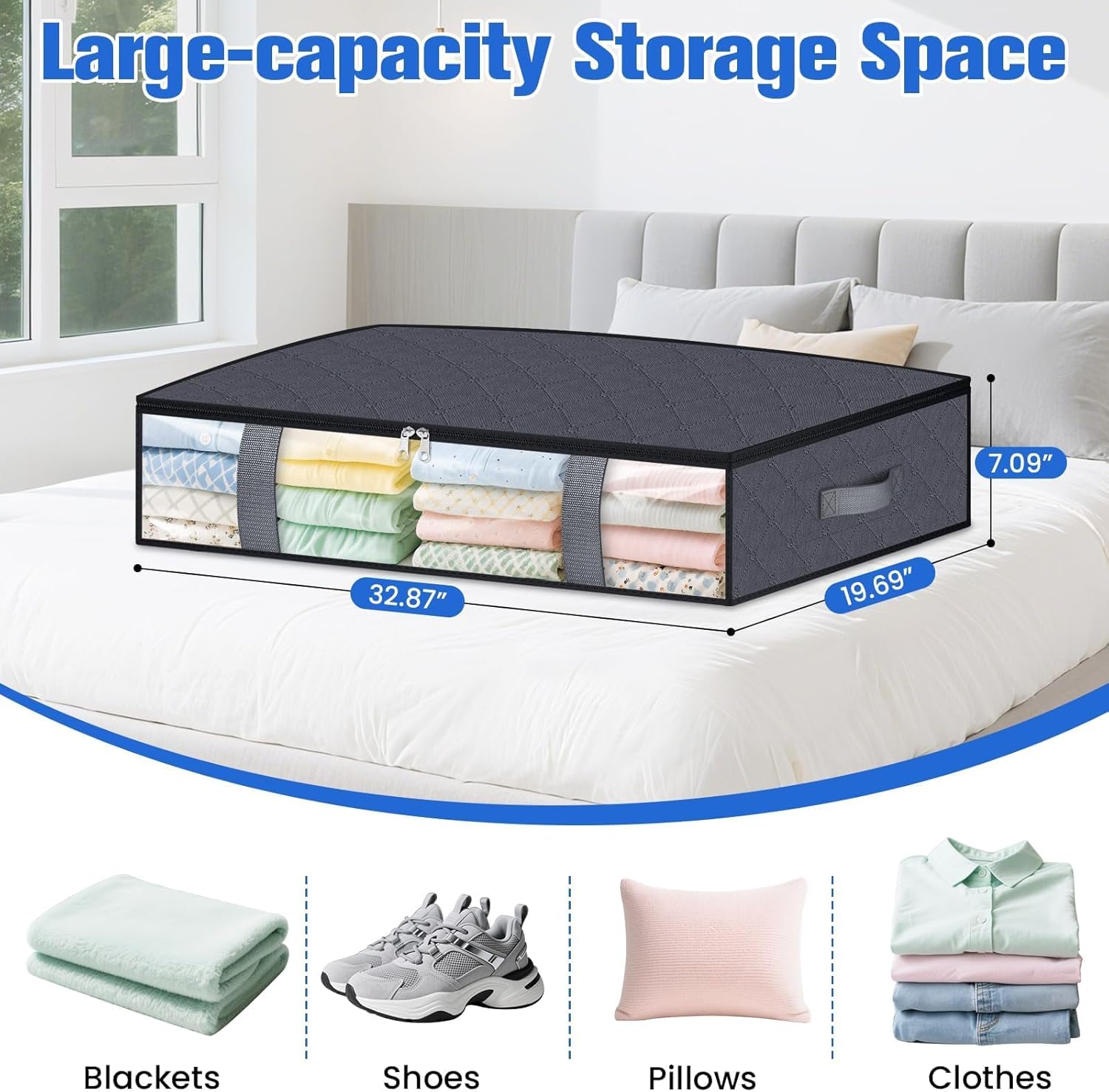 Under Bed Storage Containers, 4 Pack Blanket Storage Bags, Collapsible Storage Bags with Big Zippers, Clear Front, Shoe Storage and Organization for Clothes, Comforter, 75L, Grey