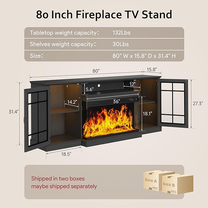 oneinmil 80'' Fireplace TV Stand with 3-Sided Glass, TV Cabinet for TVs up to 85", 80'' Modern Media Entertainment Center with Farmhouse Glass Door Storage Cabinets, Black