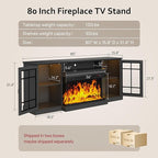 oneinmil 80'' Fireplace TV Stand with 3-Sided Glass, TV Cabinet for TVs up to 85", 80'' Modern Media Entertainment Center with Farmhouse Glass Door Storage Cabinets, Black