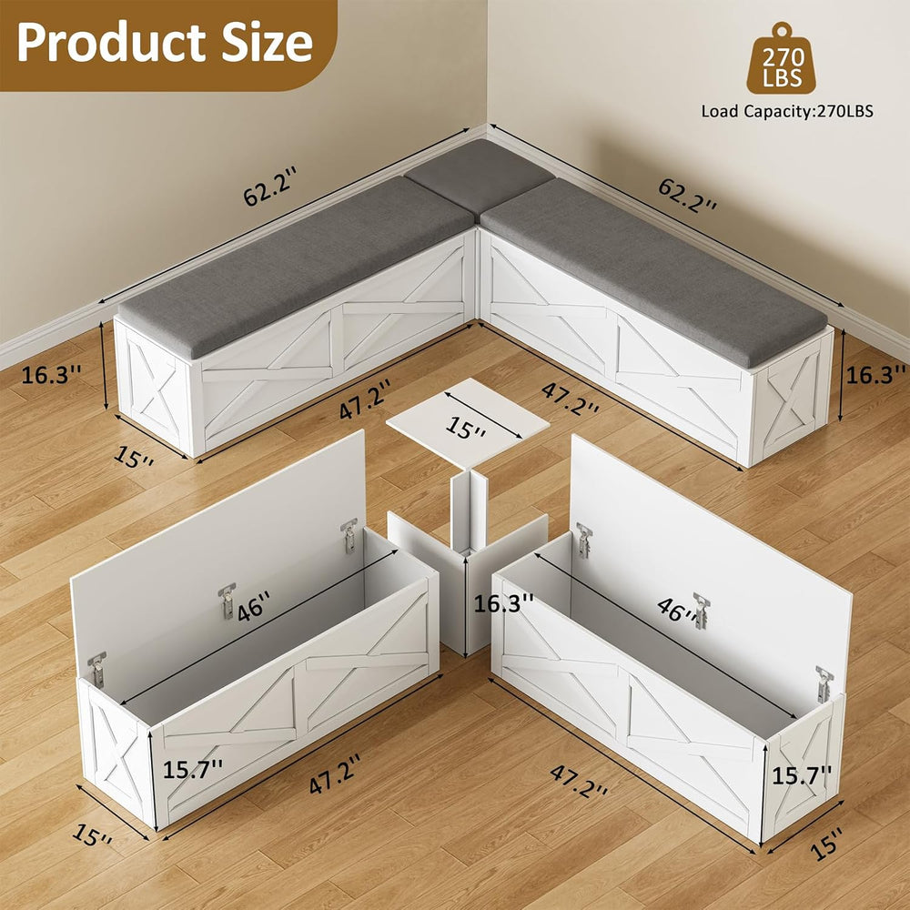 L-Shape Storage Bench with Cushion, Farmhouse Corner Dining Bench, Kitchen Br...