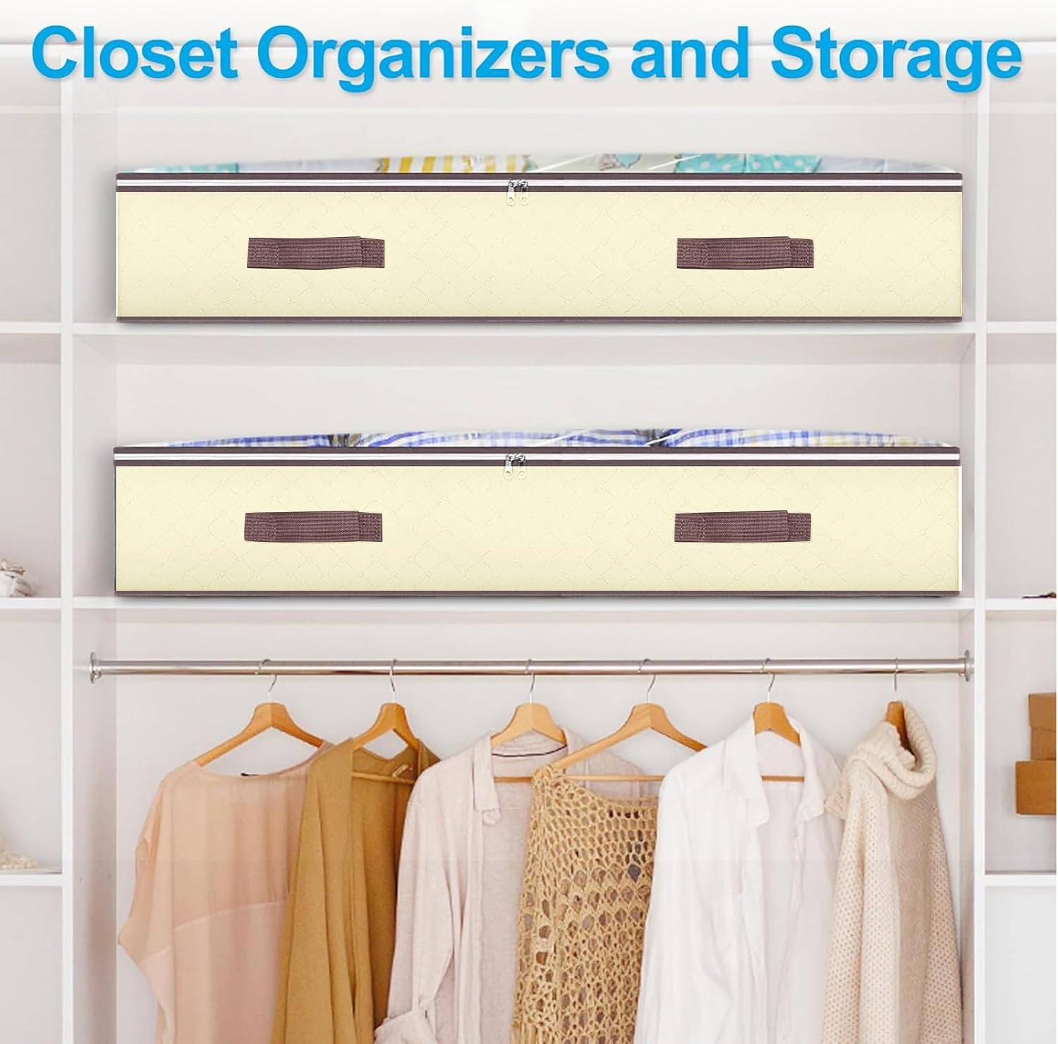 Budding Joy 6 Pack 90L Under bed Storage Containers Organizer Large Capacity Underbed Clothes Storage Bins Organization and Storage Bedroom Foldable Storage Bags with Clear Window Beige