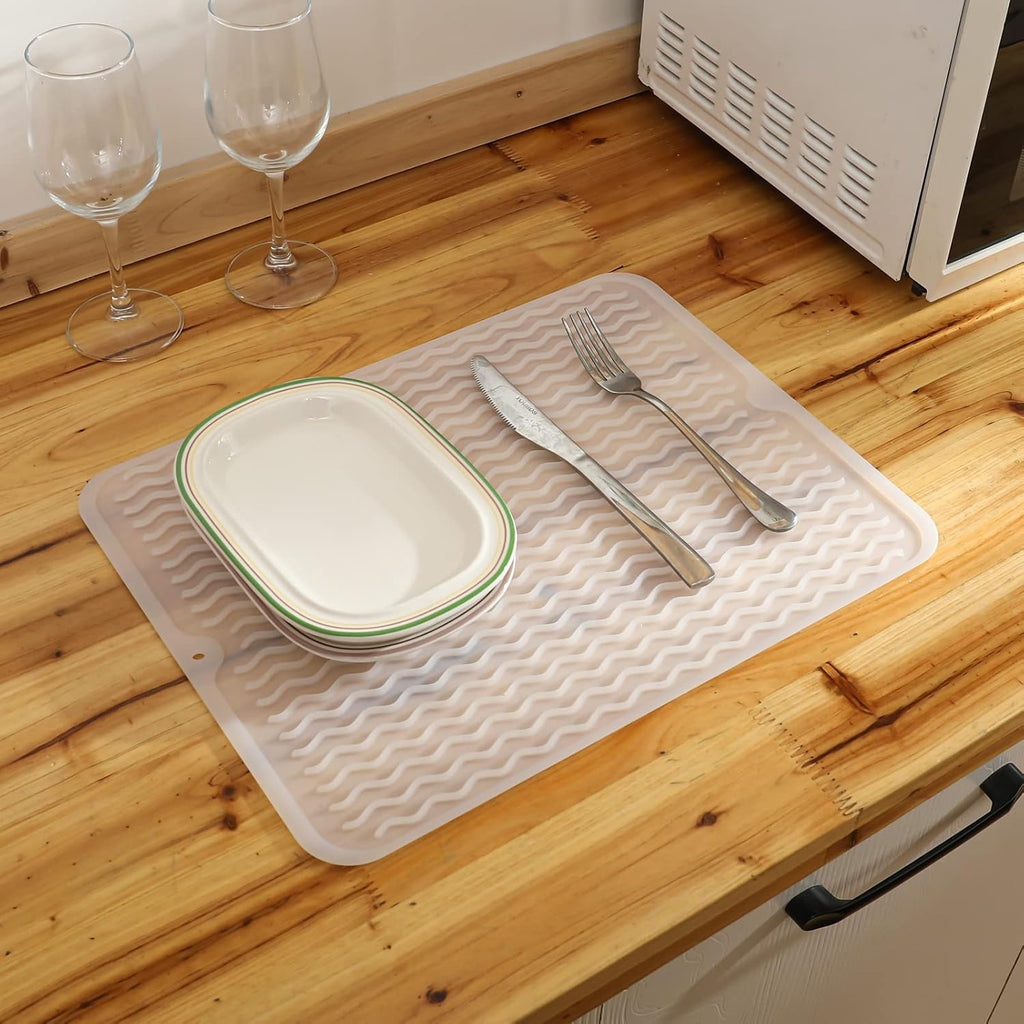 Silicone Dish Drying Mat for Multiple Usage,Easy clean,Eco-friendly,Heat-resistant Silicone Mat for Kitchen Counter or Sink,Refrigerator or drawer liner Translucent L 16 inches x 12 inches