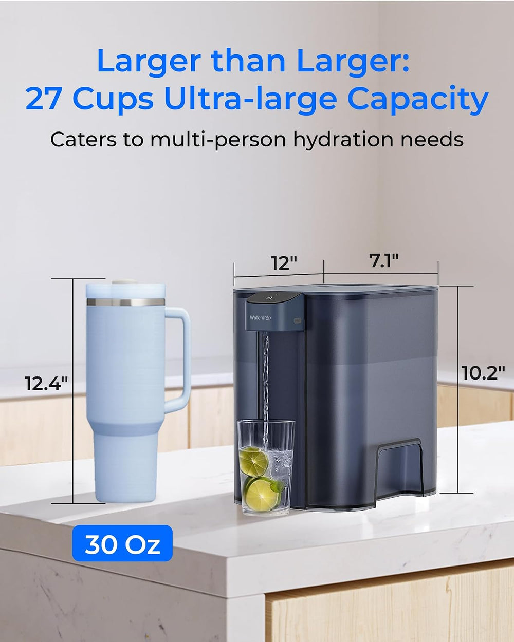 Waterdrop ED04B-L Mega Electric Water Filter Dispenser, Large 27-Cup, Blue