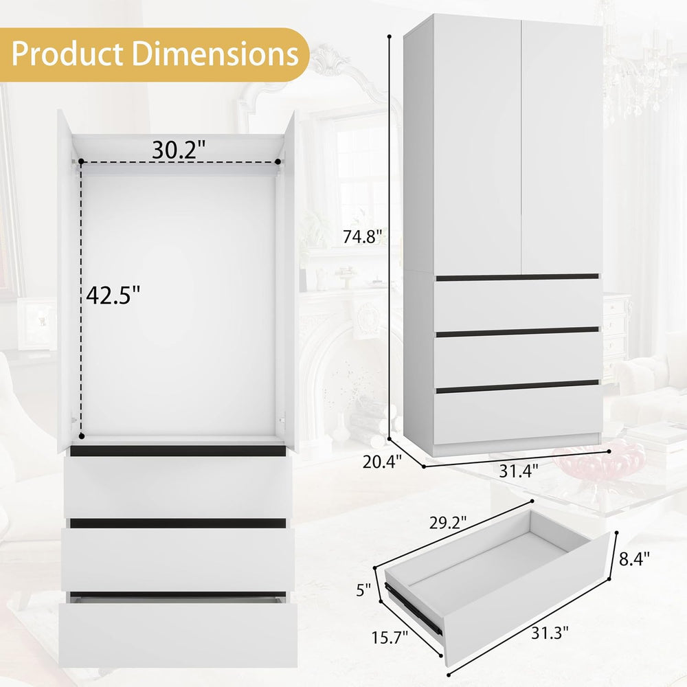 Wooden Wardrobe Closet with 2 Doors: 75" Bedroom Armoire Wardrobe Closet...
