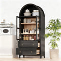 71" Tall Arched Kitchen Pantry, Modern Farmhouse Storage Cabinet with 2 Glass Doors, Adjustable Shelves, Rustic Wood Cupboard with 2 Drawers for Kitchen, Dining Room, Black