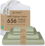 Threadmill Supima Cotton Sheets Queen | 656 Thread Count for Queen Mattress | 4 Piece Luxury Bed Sheets | Sateen Weave Hotel Quality with Elasticized Deep Pocket| Sage Green