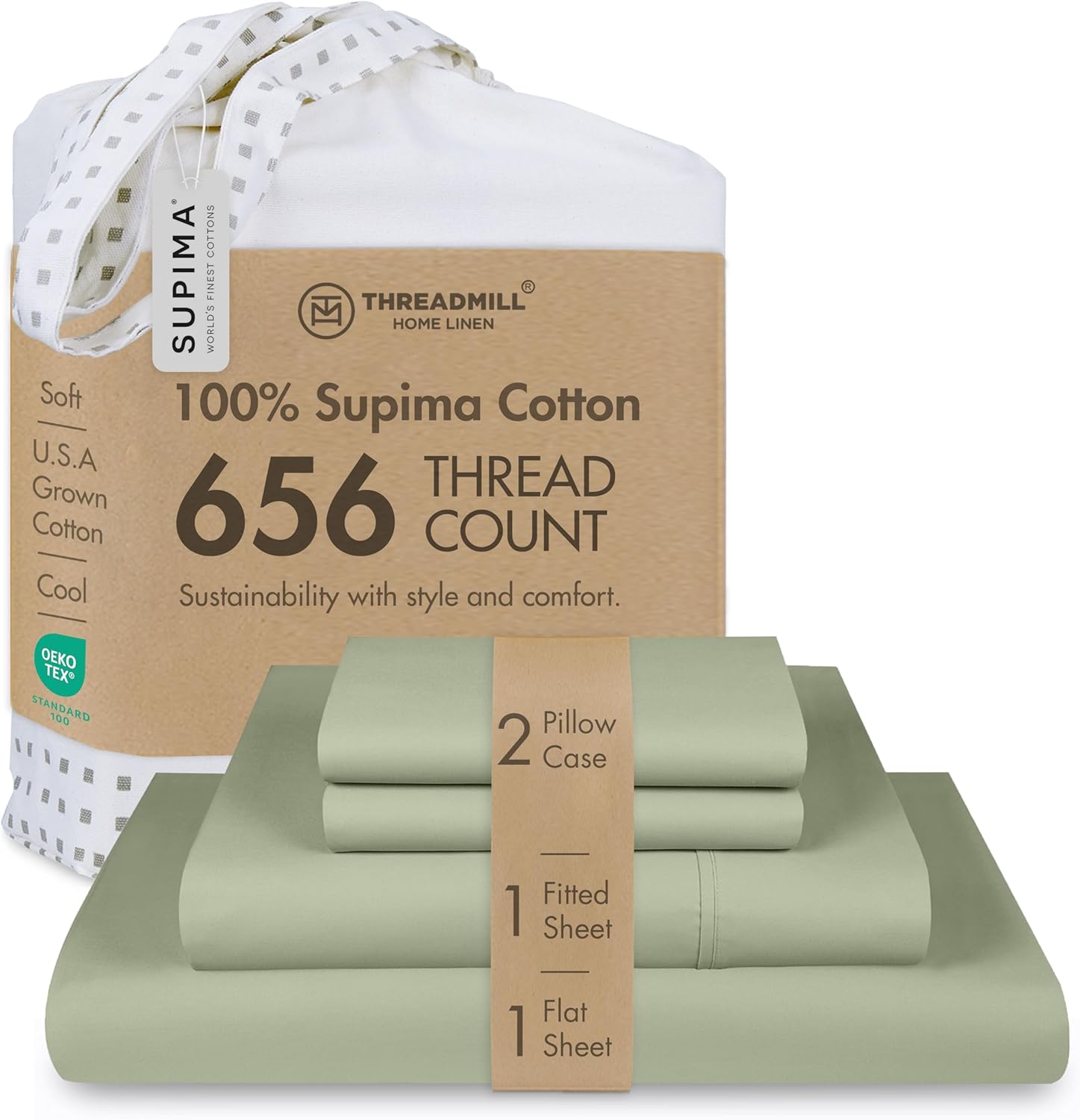 Threadmill California King Sheet Sets |Certified American Supima Cotton Sheets | 656 Thread Count 4 Piece Hotel Quality Luxury Bed Sheets Set with Elasticized Extra Deep Pocket | Sage Green Sheets