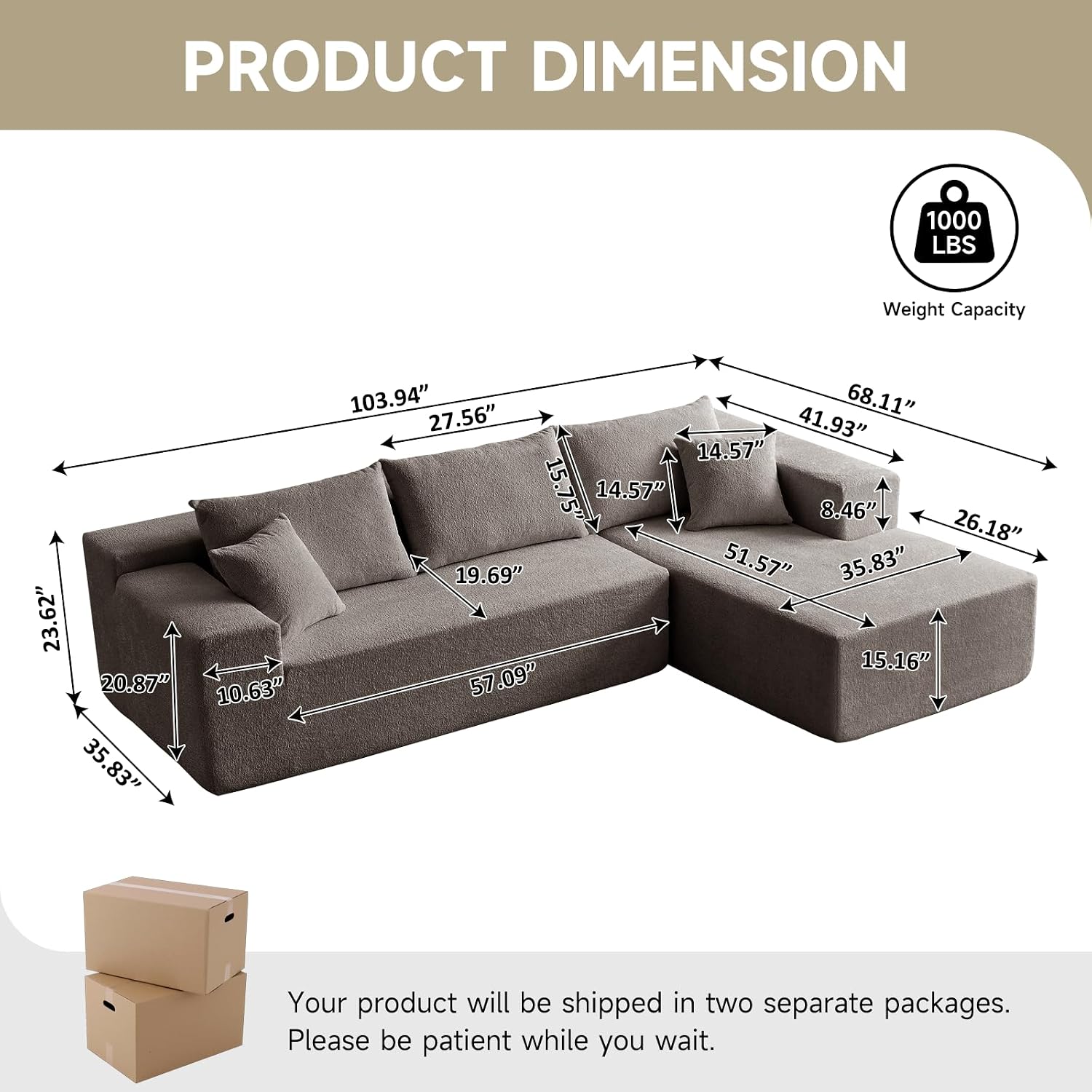 104" Cloud Sectional Couch, Modern Modular L Shape Sectional Sofa with Deep Seat Chaise, Comfy Boucle Boneless Couches for Living Room (Light Grey, Right Chaise)
