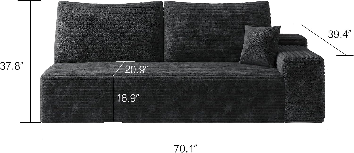 107" Boneless Couch with L Shaped Chaise, Plush Corduroy Sleeper Sectional Sofa, Deep Seat Comfy Couches for Living Room Bedroom, Compressed Foam Cloud Sofas, No Assembly, Left Facing Chaise, Black