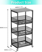 HapiRm Fruit Basket Kitchen Cart - 4-Tier Rolling Storage Cart with Wheels, Fruit Vegetable Basket with Wood Top, Pantry Utility Kitchen Organizer for Fruit Potato Onion Vegetable Bread Snack