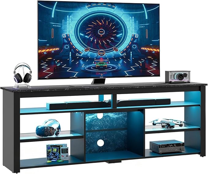 Bestier Tall LED TV Stand for 70/75/80 inch TV, Modern Black Marble Entertainment Center with Storage for PS5, Gaming Console for Living Room & Bedroom